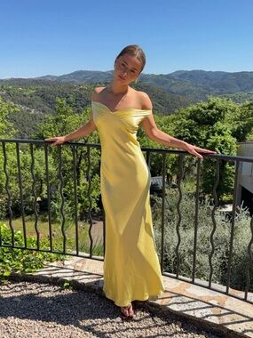 Off-Shoulder Yellow Satin Maxi Dress
